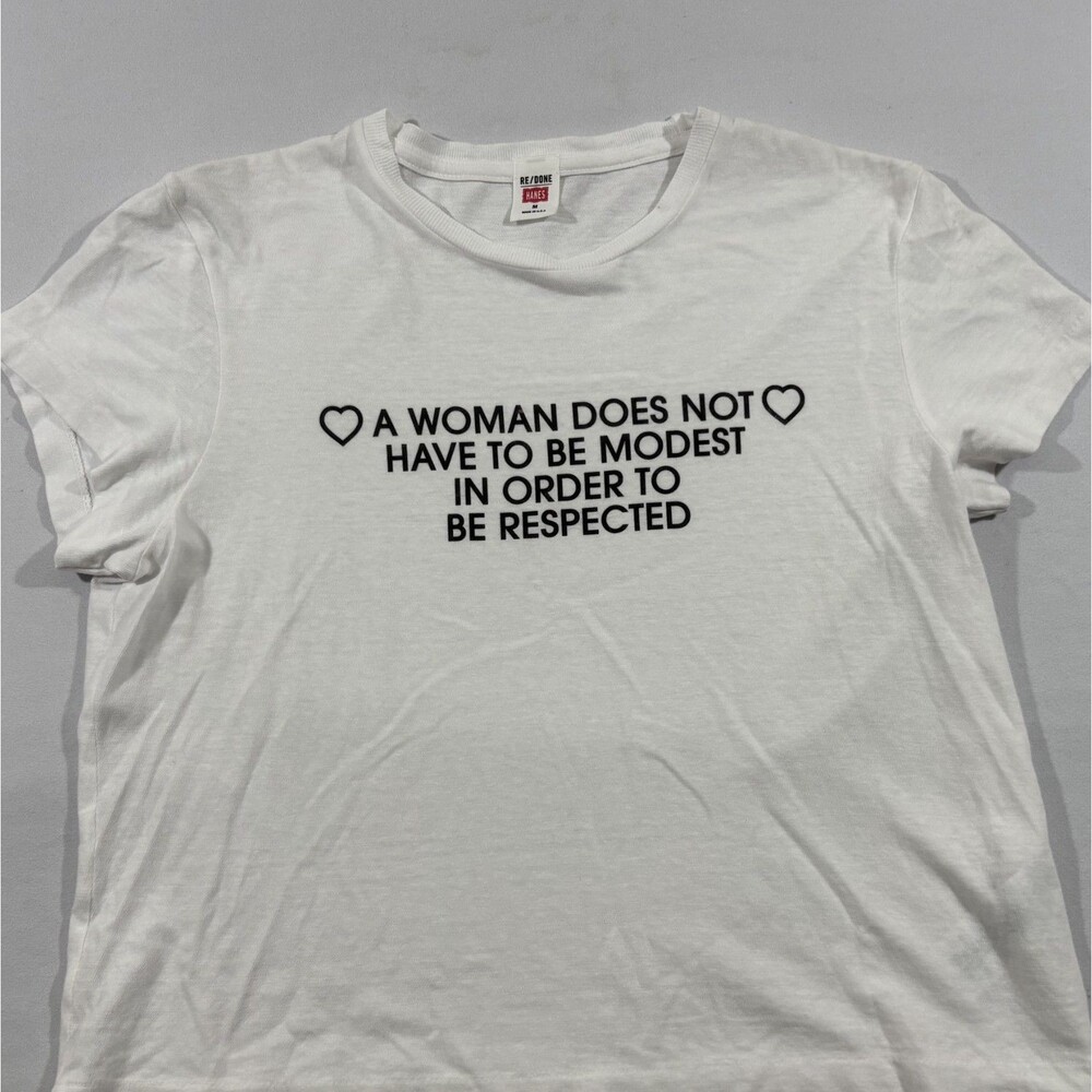 Re/Done x Hanes Shirt Womens Boxy Tee Cotton Crop White Crew Feminist Sz M USA - Picture 2 of 9